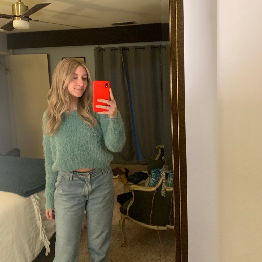 Fuzzy teal sweater